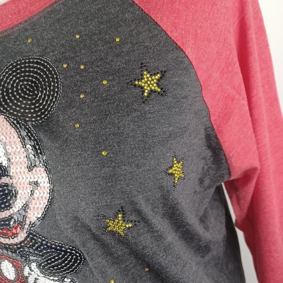 Mickey Mouse Raglan T-Shirt Medium Red & Black -Sequined Accents -Next Level - Picture 5 of 16